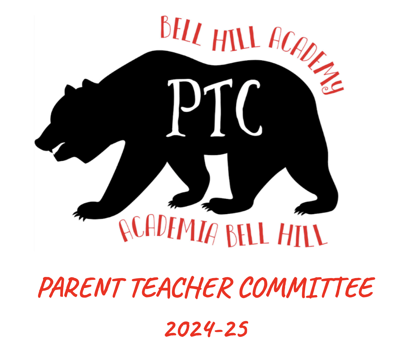 Bell Hill Academy around a bear with the letters PTC inside and the year underneath