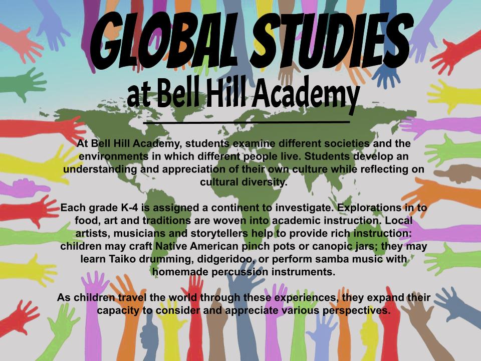 Information regarding global studies at bha with world map and handprints