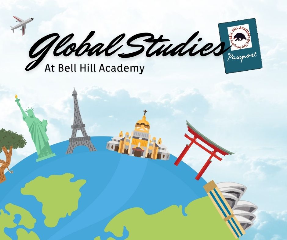 Information regarding global studies at bha with world map and handprints