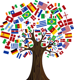 A tree with a multitude of national flags as leaves.